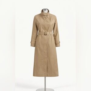 Lauren Ralph Lauren Trench Coat L Khaki Maxi Belted Stand Collar Tortoiseshell